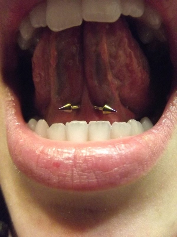 Tongue Webbing Piercing With Gold Spike Barbell