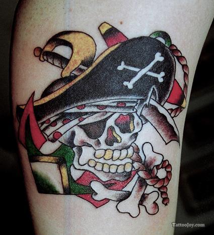 Traditional Anchor On Pirate Skull Tattoo Design For Half Sleeve