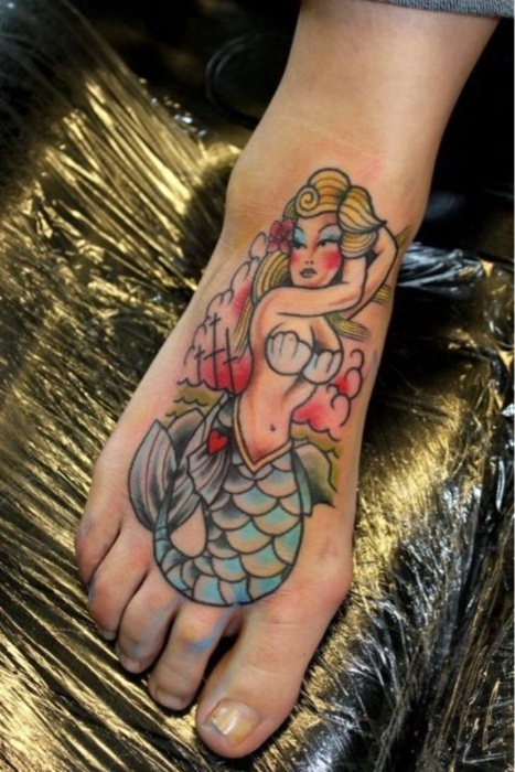 Traditional Colorful Mermaid Tattoo On Right Foot