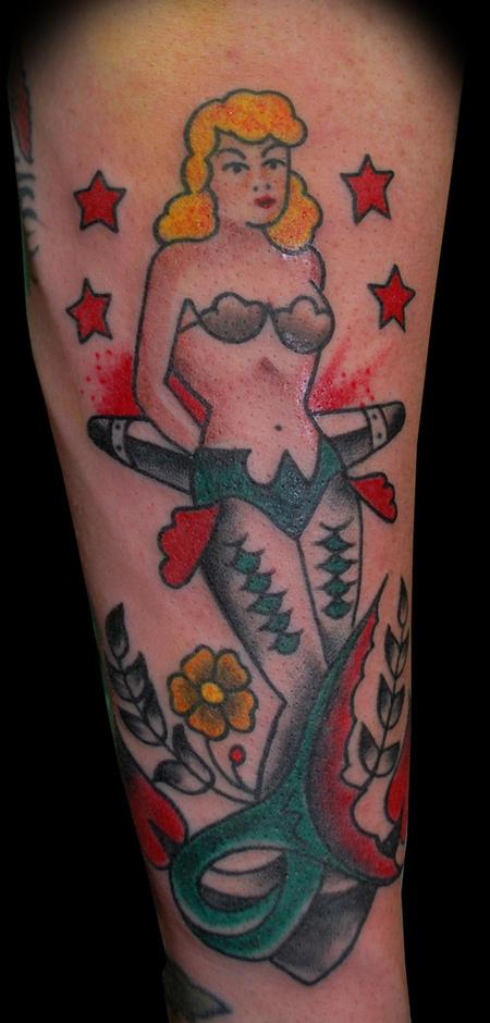 Traditional Colorful Mermaid With Anchor Tattoo Design For Sleeve