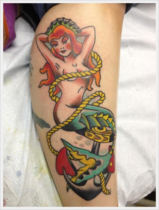 Traditional Colorful Mermaid With Anchor Tattoo On Leg Calf