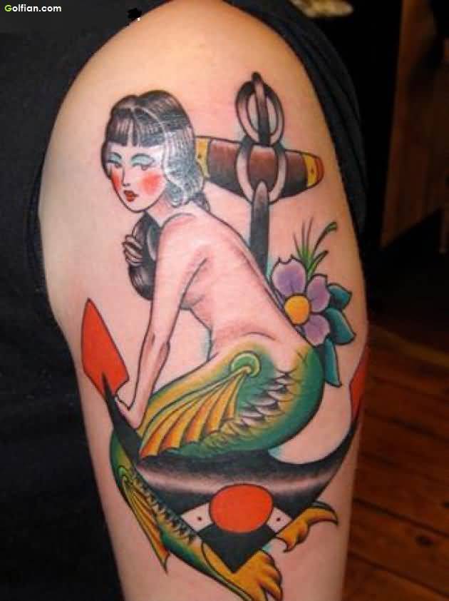 Traditional Colorful Mermaid With Anchor Tattoo On Right Shoulder
