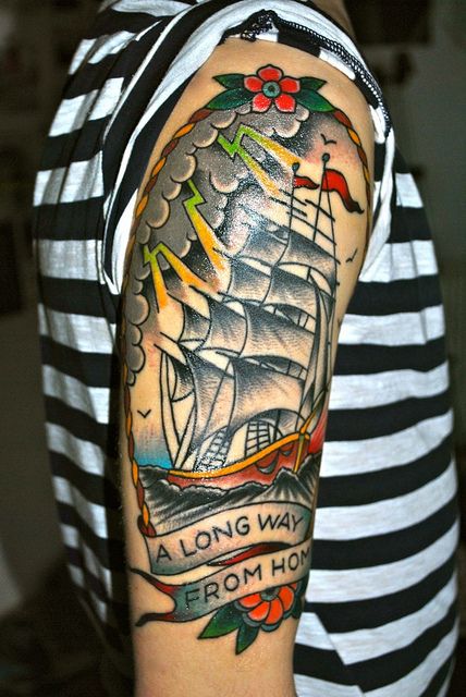 Traditional Colorful Pirate Ship In Frame With Banner Tattoo On Right Half Sleeve