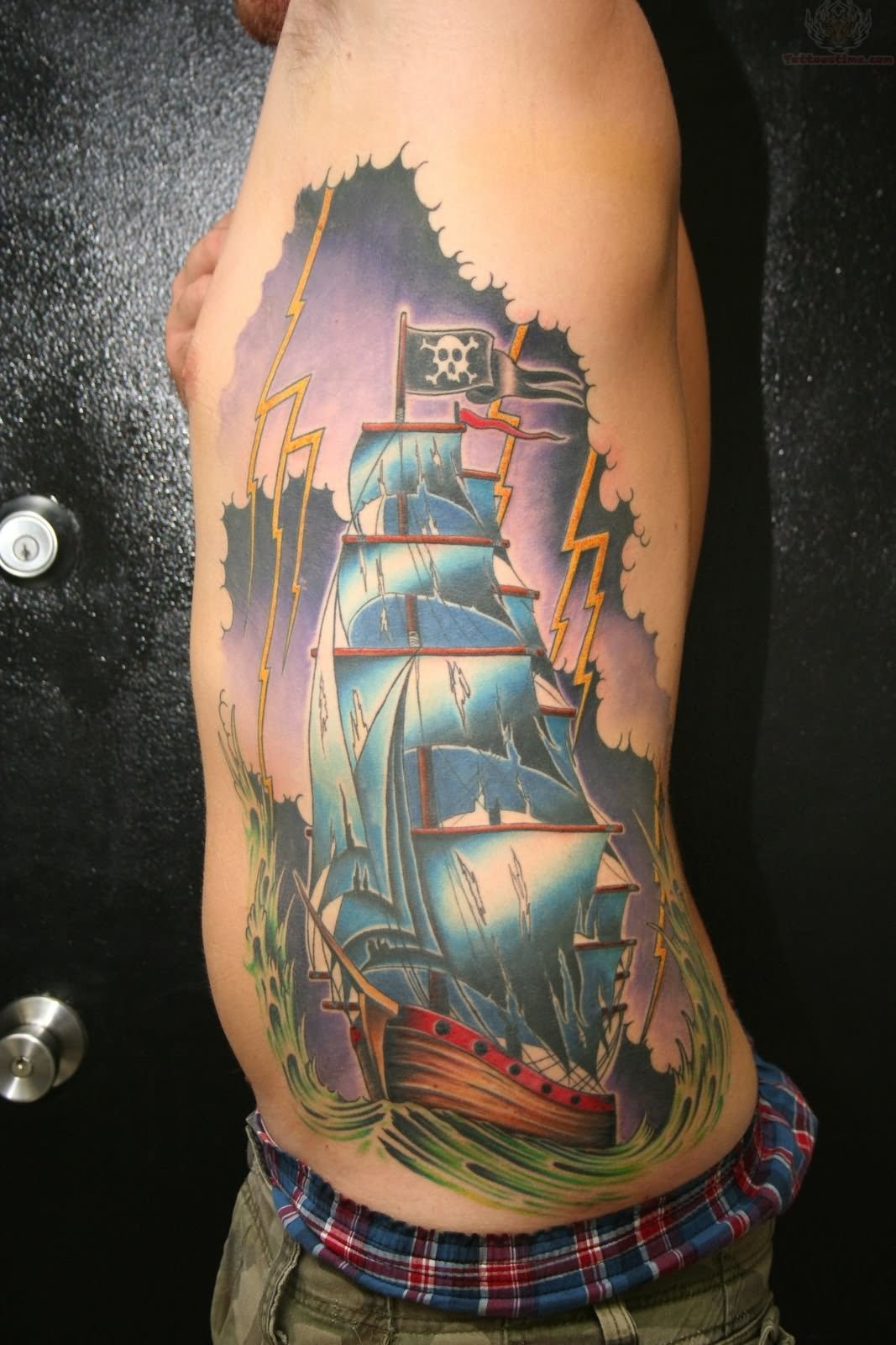 Traditional Colorful Pirate Ship Tattoo On Left Side Rib