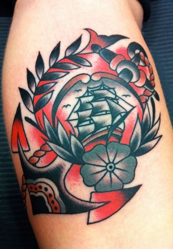 Traditional Colorful Pirate Ship With Anchor Tattoo Design For Leg Calf