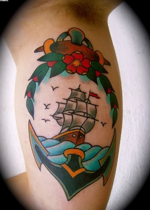 Traditional Colorful Pirate Ship With Anchor Tattoo Design