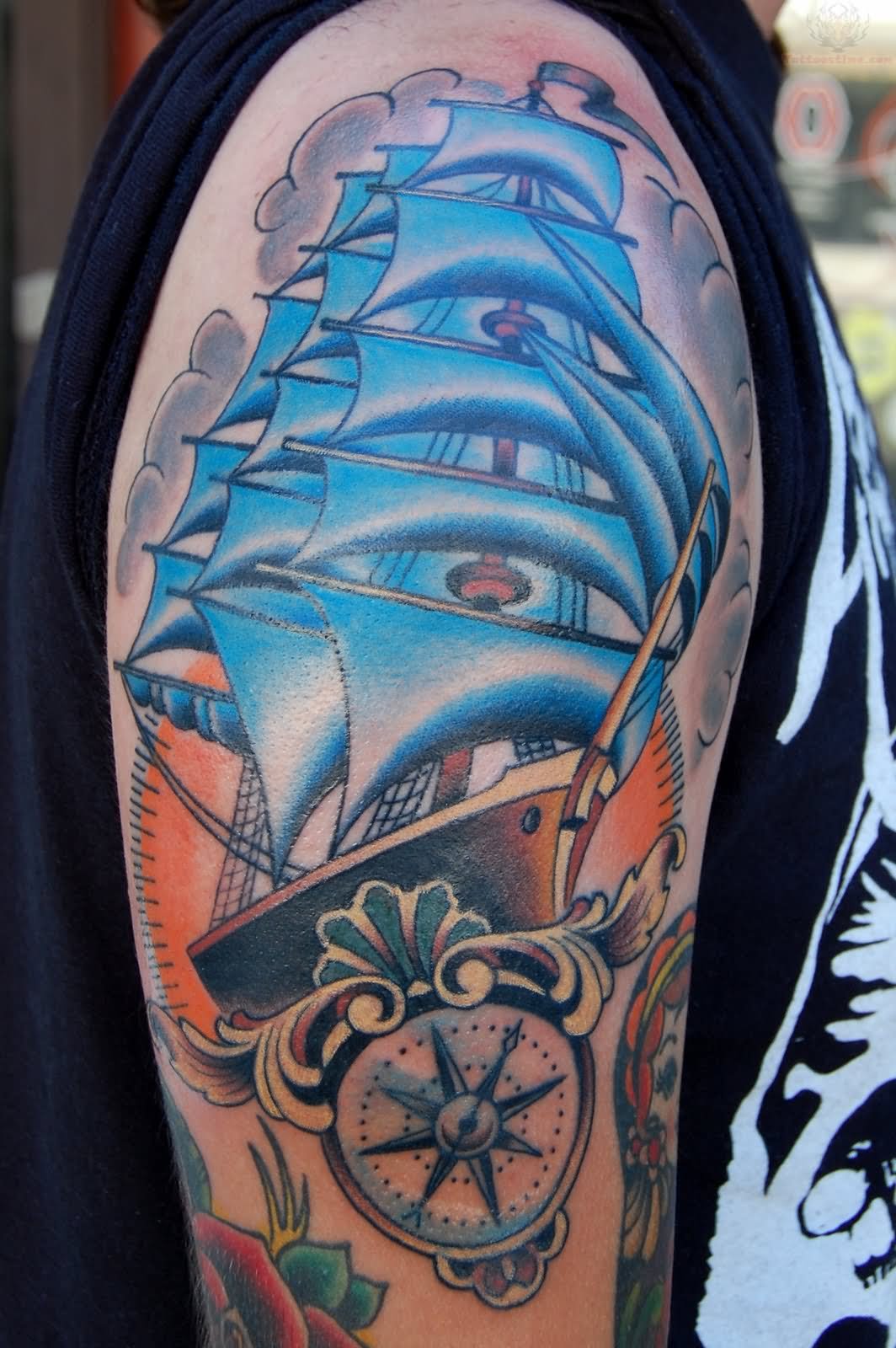Traditional Colorful Pirate Ship With Compass Tattoo Tattoo On Right Half Sleeve