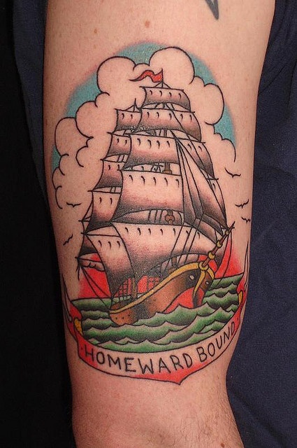 Traditional Ghost Pirate Ship With Banner Tattoo On Right Half Sleeve