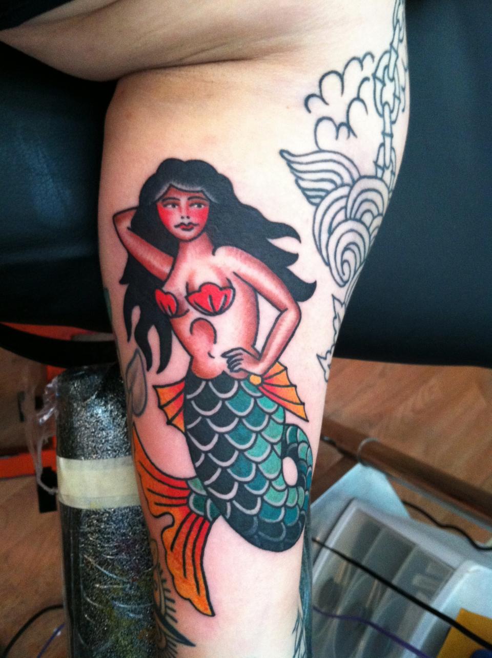 Traditional Mermaid Tattoo Design For Leg Calf