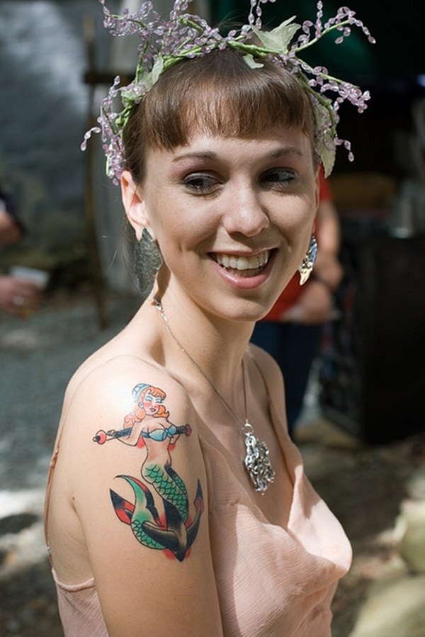 Traditional Mermaid With Anchor Tattoo On Girl Left Shoulder