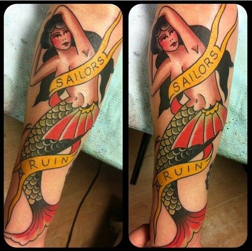 Traditional Mermaid With Banner Tattoo Design For Forearm