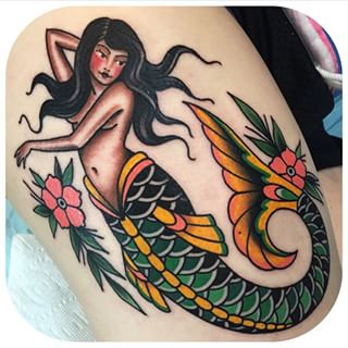 Traditional Mermaid With Flowers Tattoo Design For Thigh