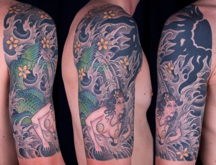 Traditional Mermaid With Flowers Tattoo On Right Half Sleeve