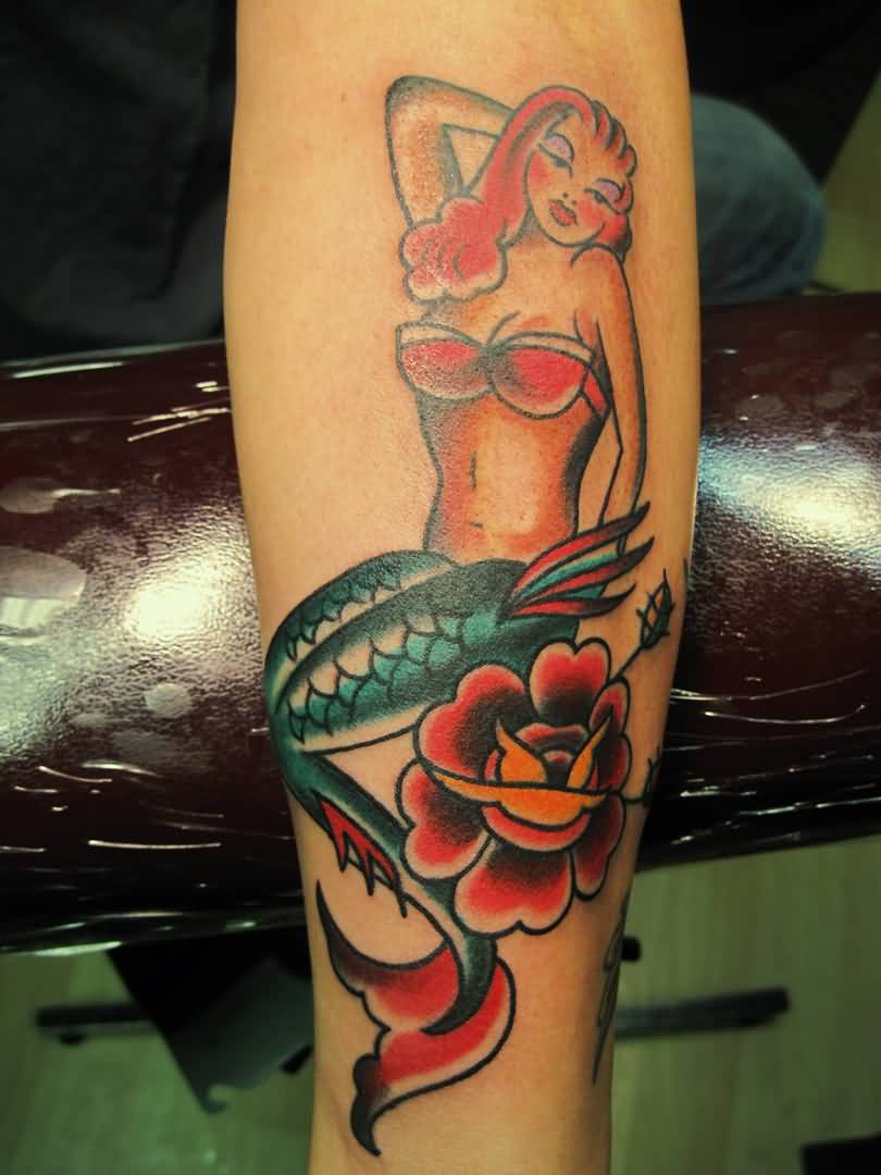 Traditional Mermaid With Rose Tattoo Design For Sleeve
