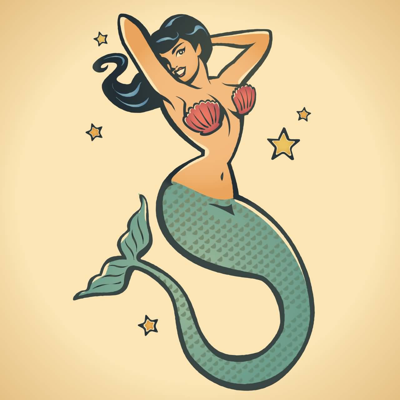 Traditional Mermaid With Stars Tattoo Design For Girl