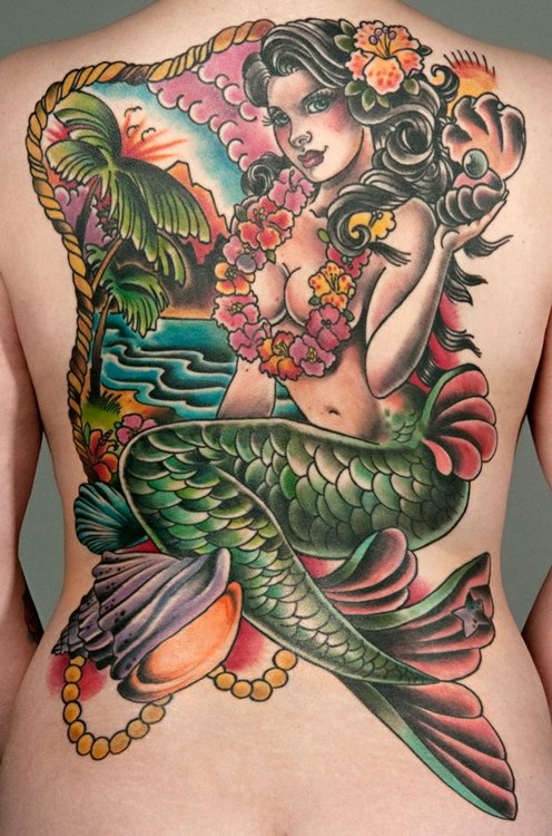 Traditional Neo Mermaid In Frame Tattoo On Full Back