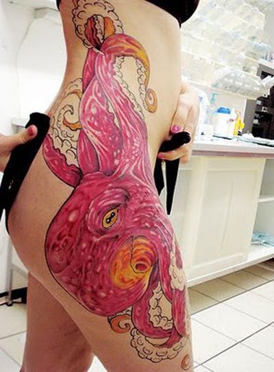 Traditional Octopus Tattoo On Girl Right Hip