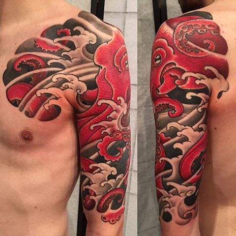 Traditional Octopus Tattoo On Man Left Half Sleeve By George Bardadim
