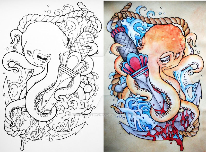 Traditional Octopus With Anchor Tattoo Design By Stasha Pistachio