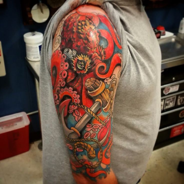 Traditional Octopus With Anchor Tattoo On Right Half Sleeve By Shane Watkins austin Texas