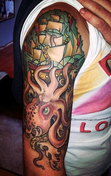 Traditional Octopus With Ship Tattoo On Man Right Half Sleeve