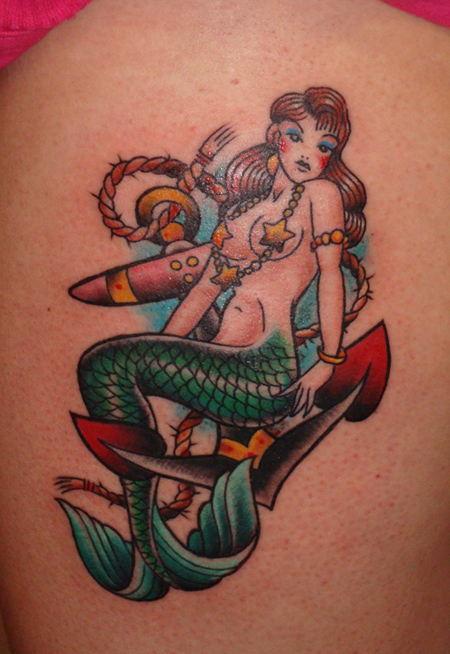 Traditional Pin Up Mermaid With Anchor Tattoo Design