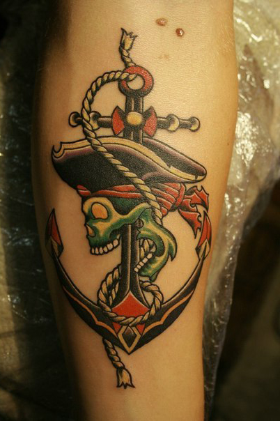 Traditional Pirate Anchor In Skull Tattoo Design For Sleeve