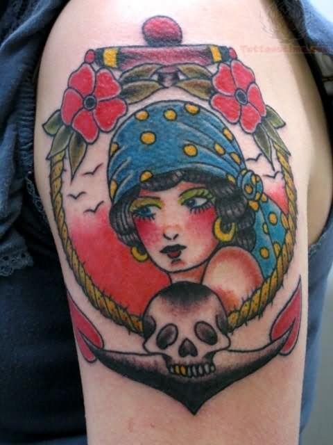Traditional Pirate Girl In Anchor Frame Tattoo On Shoulder