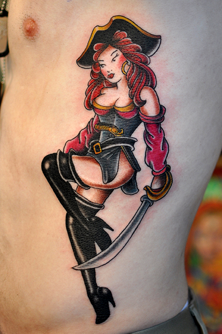 Traditional Pirate Girl Tattoo On Man Left Side Rib