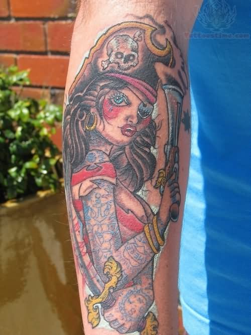Traditional Pirate Girl Tattoo On Right Arm