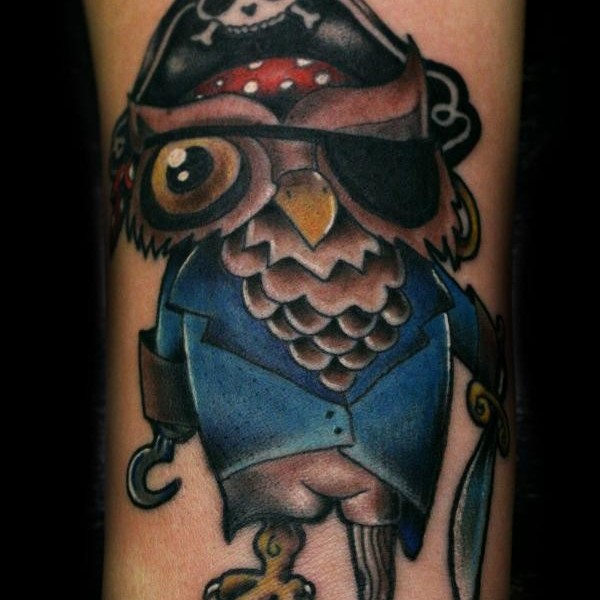 Traditional Pirate Owl Tattoo Design For Sleeve