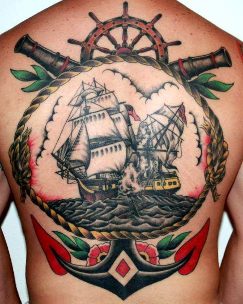 Traditional Pirate Ship In Rope Frame With Anchor Tattoo On Man Upper Back