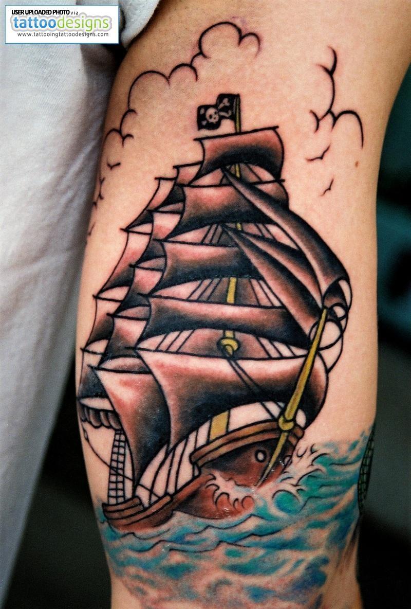 Traditional Pirate Ship Tattoo Design For Bicep