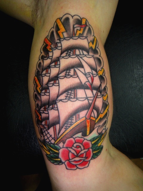 Traditional Pirate Ship Tattoo On Bicep By Dave Vartan