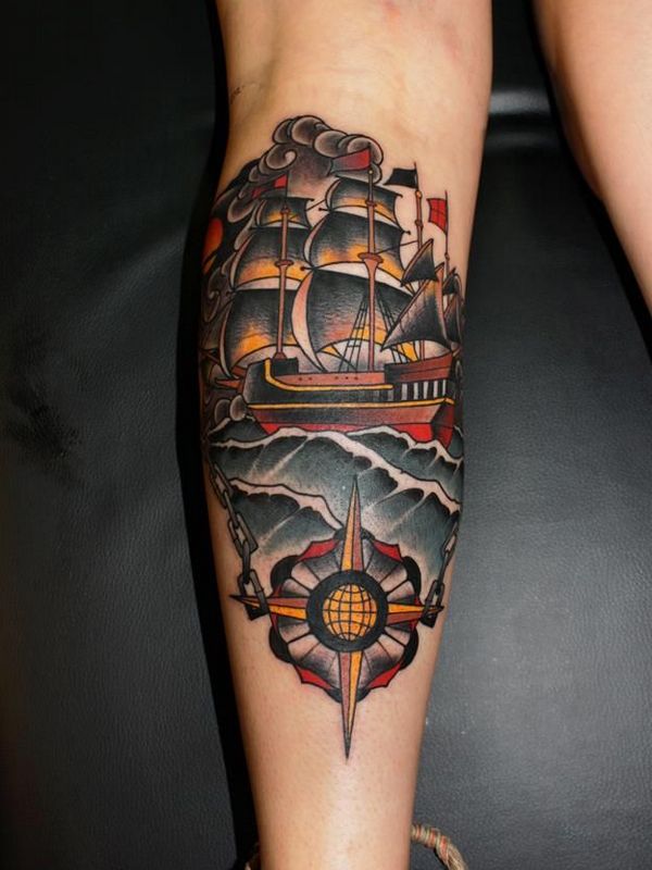Traditional Pirate Ship Tattoo On Left Leg Calf