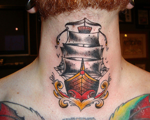 Traditional Pirate Ship Tattoo On Man Neck
