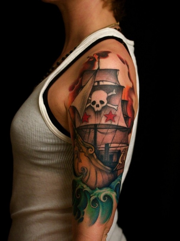 Traditional Pirate Ship Tattoo On Women Left Half Sleeve