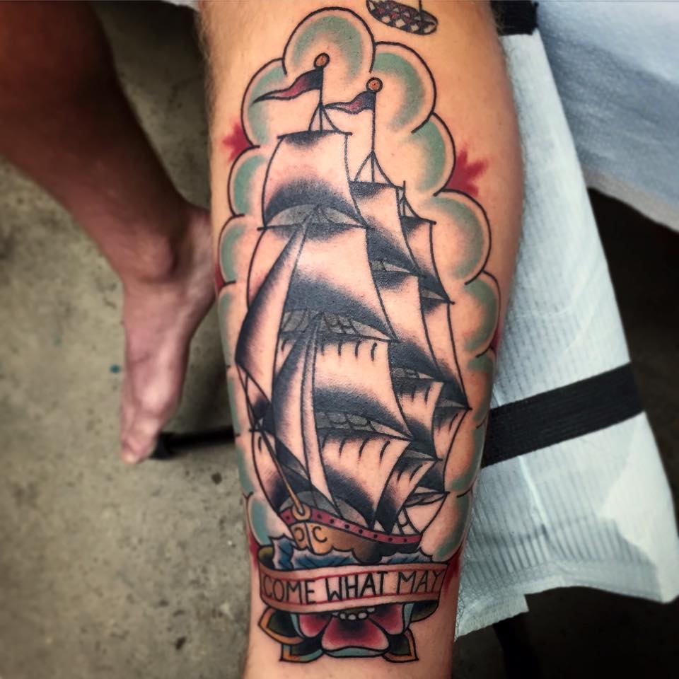 Traditional Pirate Ship With Banner Tattoo On Leg Calf