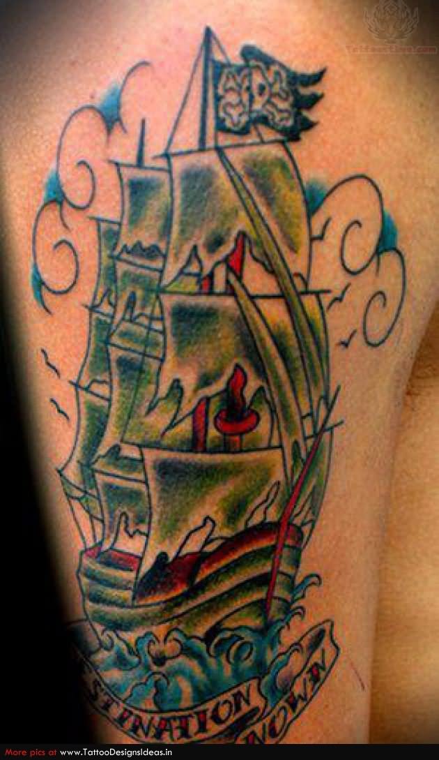 Traditional Pirate Ship With Banner Tattoo On Right Half Sleeve