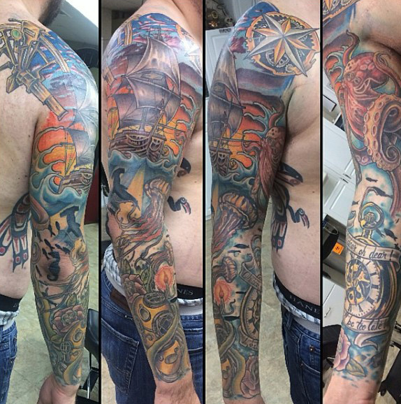 Traditional Pirate Ship With Octopus And Pocket Watch Tattoo On Man Right Full Sleeve