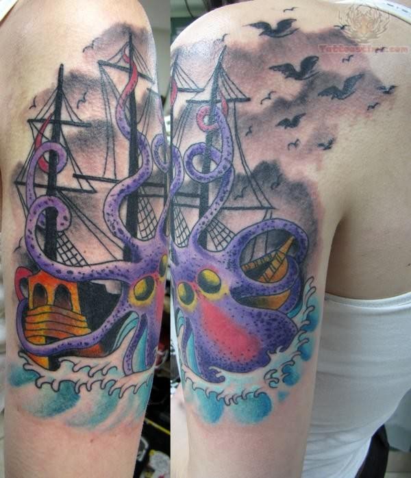 Traditional Pirate Ship With Octopus Tattoo On Left Shoulder