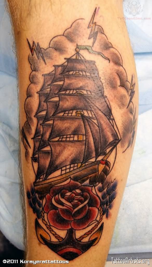 Traditional Pirate Ship With Rose And Anchor Tattoo Design For Sleeve