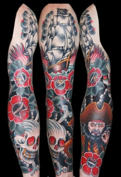 Traditional Pirate Ship With Skull And Flowers Tattoo On Full Sleeve