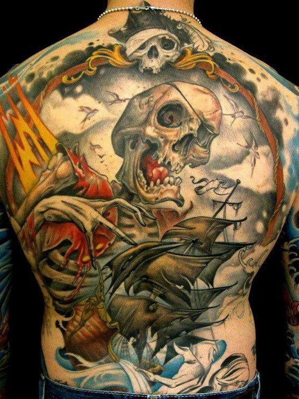 Traditional Pirate Skeleton With Ship Tattoo On Man Full Back