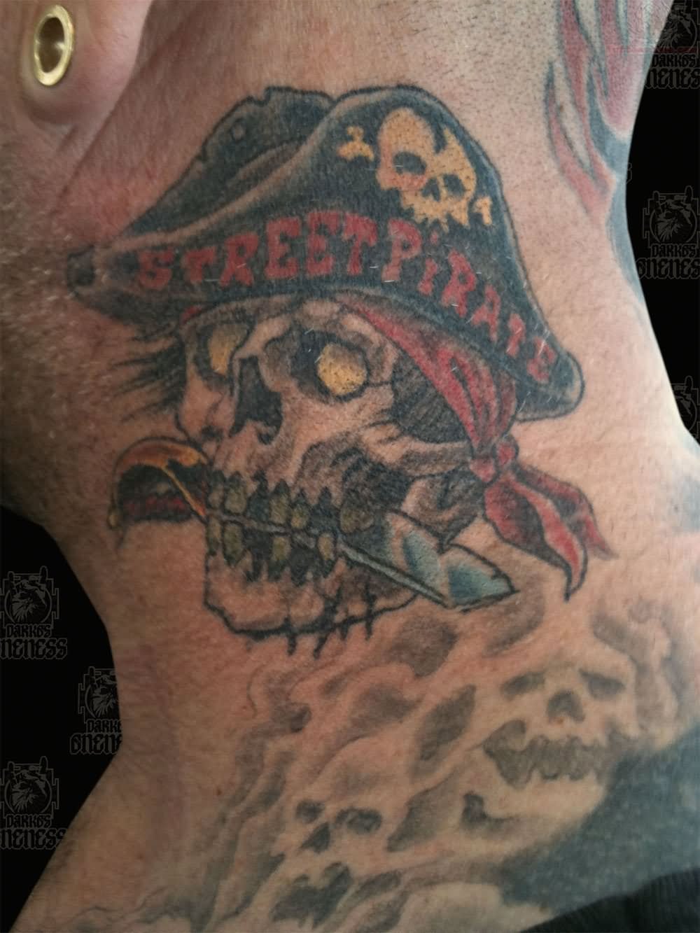 Traditional Pirate Skull Tattoo On Man Side Neck
