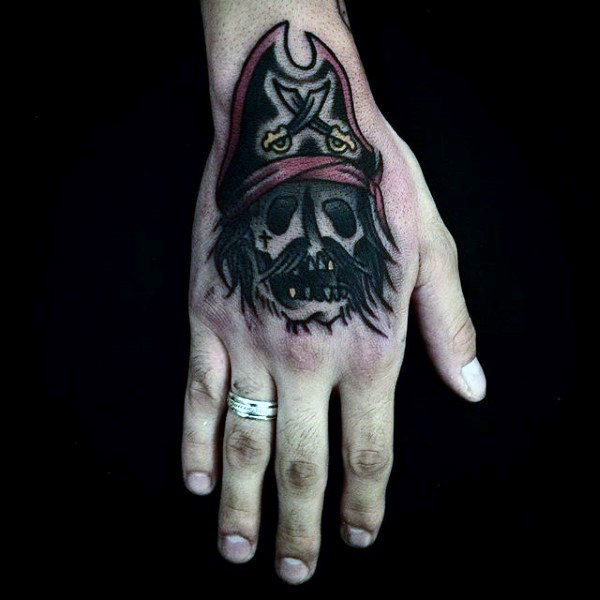 Traditional Pirate Skull Tattoo On Right Hand