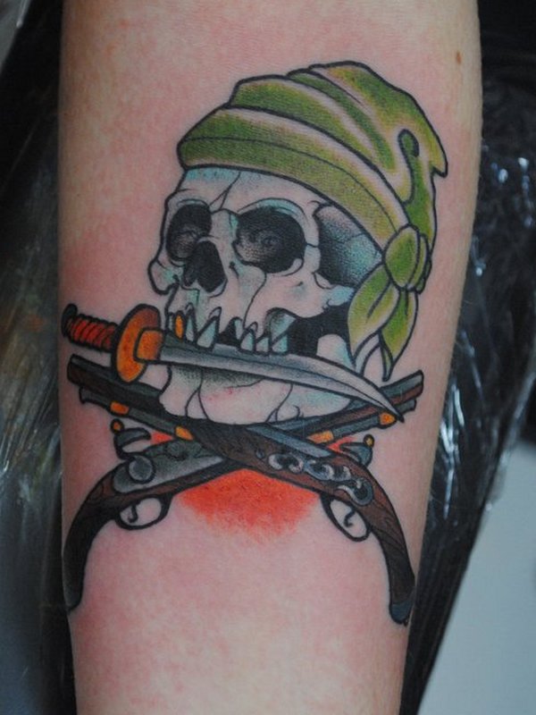 Traditional Pirate Skull With Two Crossing Guns Tattoo Design For Forearm
