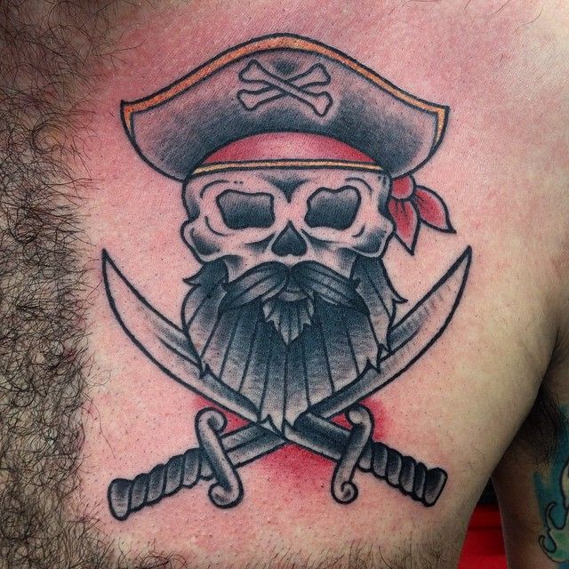 Traditional Pirate Skull With Two Crossing Swords Tattoo On Man Chest
