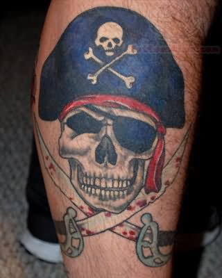 Traditional Pirate Skull With Two Crossing Swords Tattoo On Right Leg