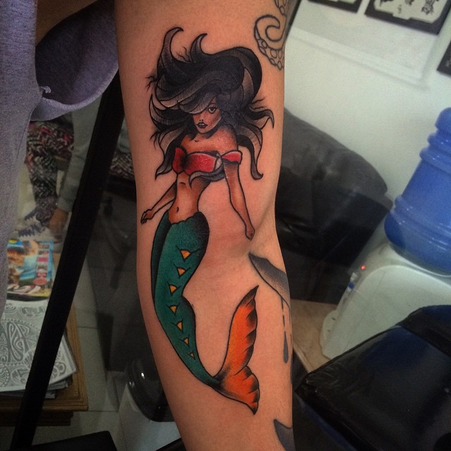 Traditional Swimming Mermaid Tattoo Design For Sleeve